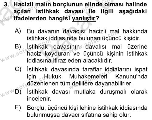 İcra Ve İflas Hukuku Dersi 2021 - 2022 Yılı (Final) Dönem Sonu Sınavı 3. Soru