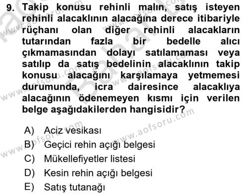 İcra Ve İflas Hukuku Dersi 2021 - 2022 Yılı (Final) Dönem Sonu Sınavı 9. Soru