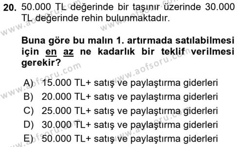 İcra Ve İflas Hukuku Dersi 2023 - 2024 Yılı (Final) Dönem Sonu Sınavı 20. Soru