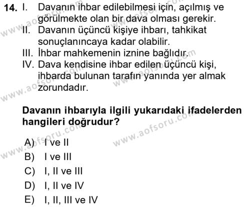 Medeni Usul Hukukuna Giriş Dersi 2021 - 2022 Yılı (Vize) Ara Sınavı 14. Soru