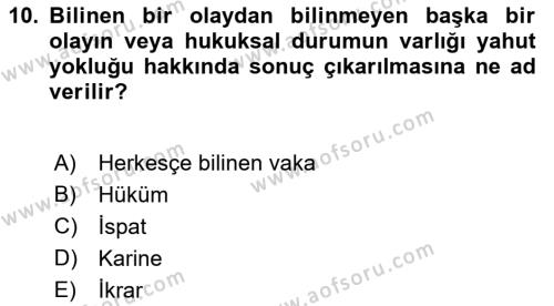 Medeni Usul Hukukuna Giriş Dersi 2021 - 2022 Yılı (Final) Dönem Sonu Sınavı 10. Soru