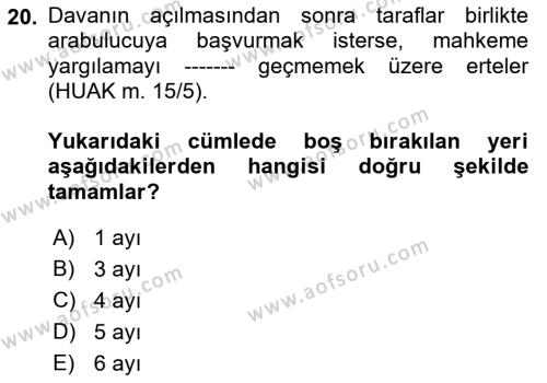 Medeni Usul Hukukuna Giriş Dersi 2021 - 2022 Yılı (Final) Dönem Sonu Sınavı 20. Soru