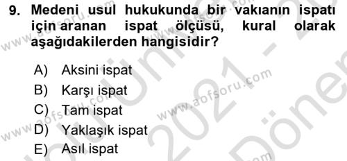 Medeni Usul Hukukuna Giriş Dersi 2021 - 2022 Yılı (Final) Dönem Sonu Sınavı 9. Soru