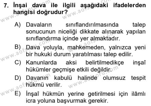 Medeni Usul Hukukuna Giriş Dersi 2021 - 2022 Yılı Yaz Okulu Sınavı 7. Soru