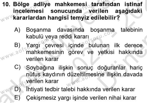 Medeni Usul Hukukuna Giriş Dersi 2022 - 2023 Yılı (Final) Dönem Sonu Sınavı 10. Soru