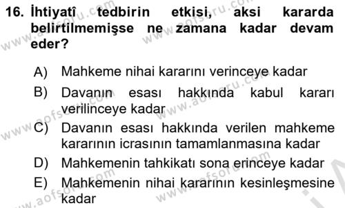 Medeni Usul Hukukuna Giriş Dersi 2022 - 2023 Yılı (Final) Dönem Sonu Sınavı 16. Soru