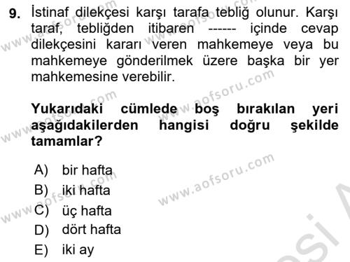 Medeni Usul Hukukuna Giriş Dersi 2022 - 2023 Yılı (Final) Dönem Sonu Sınavı 9. Soru