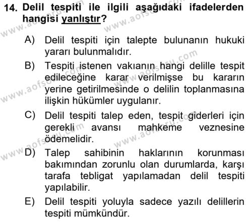 Medeni Usul Hukukuna Giriş Dersi 2022 - 2023 Yılı Yaz Okulu Sınavı 14. Soru