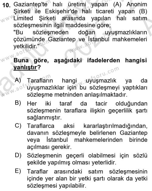 Medeni Usul Hukukuna Giriş Dersi 2023 - 2024 Yılı (Vize) Ara Sınavı 10. Soru