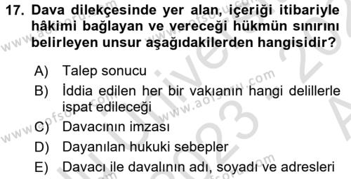 Medeni Usul Hukukuna Giriş Dersi 2023 - 2024 Yılı (Vize) Ara Sınavı 17. Soru