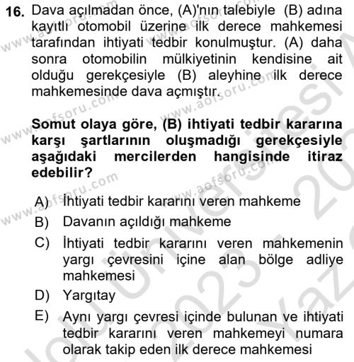 Medeni Usul Hukukuna Giriş Dersi 2023 - 2024 Yılı Yaz Okulu Sınavı 16. Soru