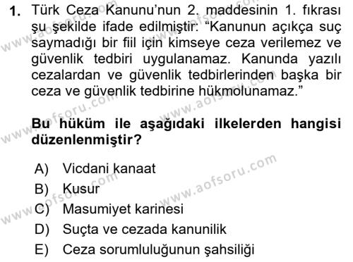 Ceza Hukuku Bilgisi Dersi 2021 - 2022 Yılı (Vize) Ara Sınavı 1. Soru