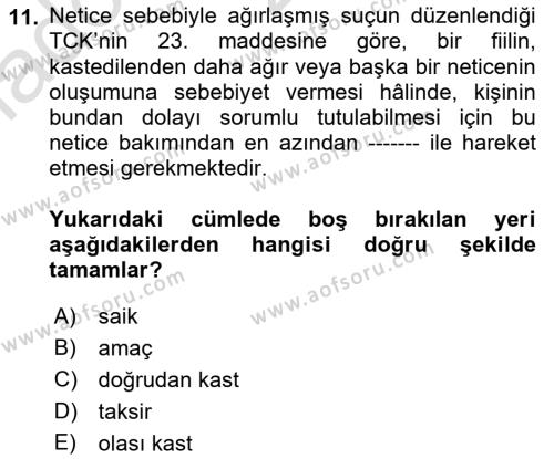 Ceza Hukuku Bilgisi Dersi 2023 - 2024 Yılı (Vize) Ara Sınavı 11. Soru