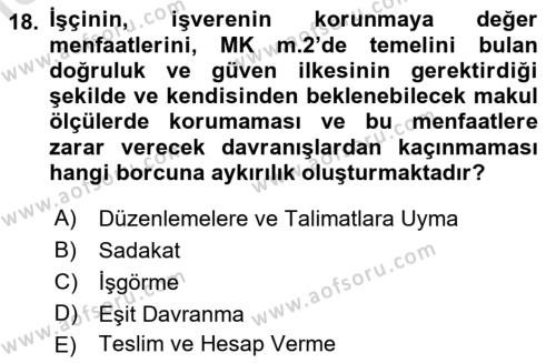 Bireysel İş Hukuku Dersi 2023 - 2024 Yılı (Vize) Ara Sınavı 18. Soru