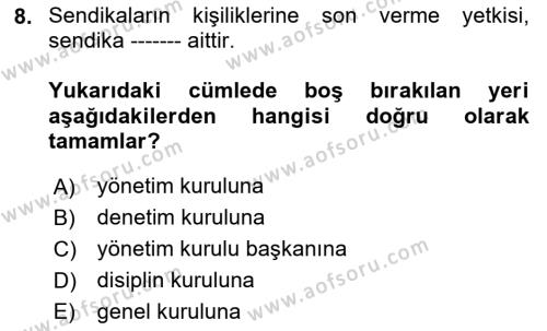 Toplu İş Hukuku Dersi 2020 - 2021 Yılı Yaz Okulu Sınavı 8. Soru