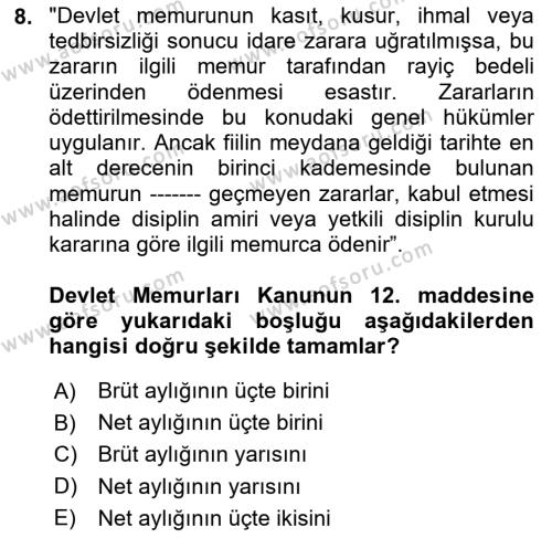 Kamu Personel Hukuku Dersi 2022 - 2023 Yılı Yaz Okulu Sınavı 8. Soru