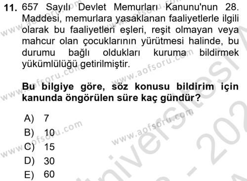 Kamu Personel Hukuku Dersi 2023 - 2024 Yılı (Vize) Ara Sınavı 11. Soru