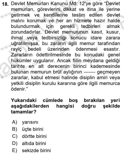 Kamu Personel Hukuku Dersi 2023 - 2024 Yılı (Vize) Ara Sınavı 18. Soru