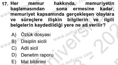 Kamu Personel Hukuku Dersi 2023 - 2024 Yılı (Final) Dönem Sonu Sınavı 17. Soru