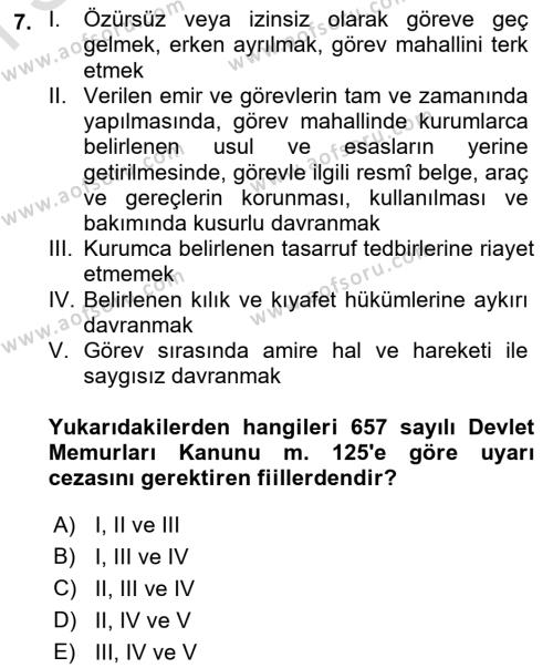 Kamu Personel Hukuku Dersi 2023 - 2024 Yılı (Final) Dönem Sonu Sınavı 7. Soru