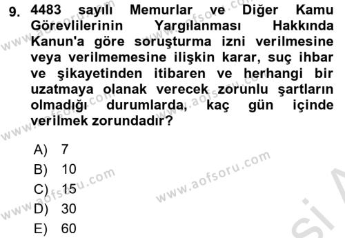 Kamu Personel Hukuku Dersi 2023 - 2024 Yılı (Final) Dönem Sonu Sınavı 9. Soru