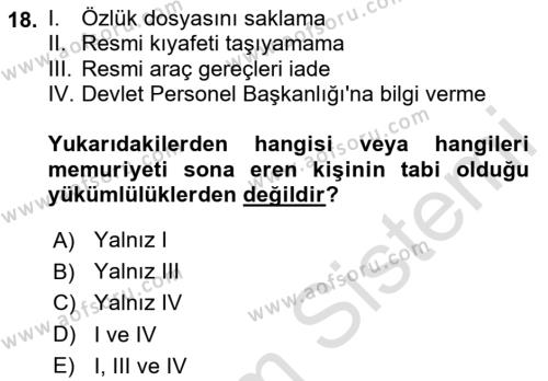 Kamu Personel Hukuku Dersi 2023 - 2024 Yılı Yaz Okulu Sınavı 18. Soru