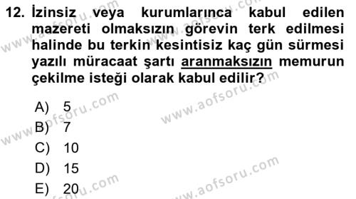 Kamu Personel Hukuku Dersi 2024 - 2025 Yılı (Vize) Ara Sınavı 12. Soru