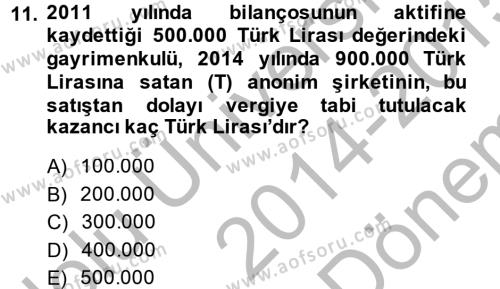 Özel Vergi Hukuku 1 Dersi 2014 - 2015 Yılı (Final) Dönem Sonu Sınavı 11. Soru