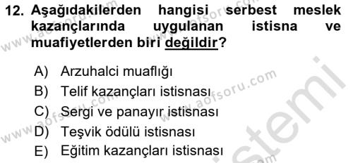 Özel Vergi Hukuku 1 Dersi 2019 - 2020 Yılı (Vize) Ara Sınavı 12. Soru