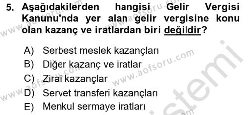 Özel Vergi Hukuku 1 Dersi 2019 - 2020 Yılı (Vize) Ara Sınavı 5. Soru