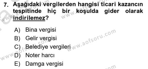 Özel Vergi Hukuku 1 Dersi 2019 - 2020 Yılı (Vize) Ara Sınavı 7. Soru