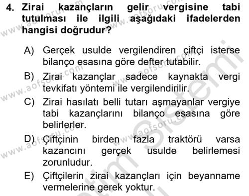 Özel Vergi Hukuku 1 Dersi 2021 - 2022 Yılı Yaz Okulu Sınavı 4. Soru