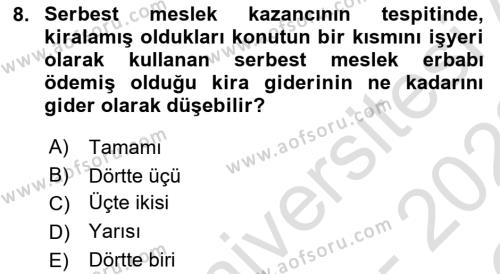 Özel Vergi Hukuku 1 Dersi 2021 - 2022 Yılı Yaz Okulu Sınavı 8. Soru