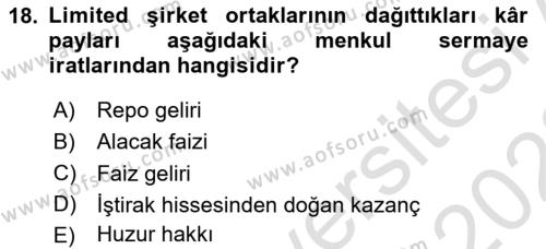 Özel Vergi Hukuku 1 Dersi 2022 - 2023 Yılı (Vize) Ara Sınavı 18. Soru