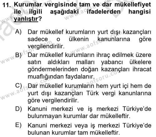 Özel Vergi Hukuku 1 Dersi 2023 - 2024 Yılı (Final) Dönem Sonu Sınavı 11. Soru