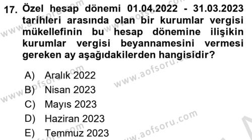 Özel Vergi Hukuku 1 Dersi 2023 - 2024 Yılı (Final) Dönem Sonu Sınavı 17. Soru