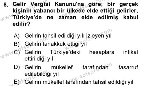 Özel Vergi Hukuku 1 Dersi 2023 - 2024 Yılı (Final) Dönem Sonu Sınavı 8. Soru