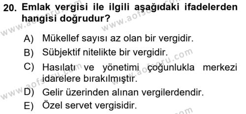 Özel Vergi Hukuku 2 Dersi 2021 - 2022 Yılı (Vize) Ara Sınavı 20. Soru