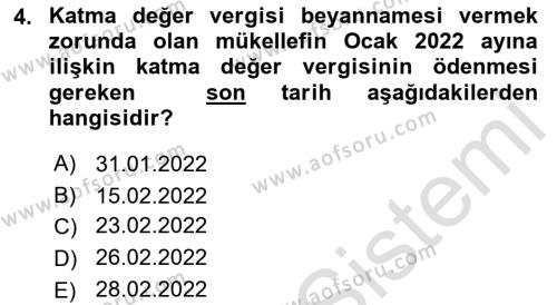 Özel Vergi Hukuku 2 Dersi 2021 - 2022 Yılı Yaz Okulu Sınavı 4. Soru