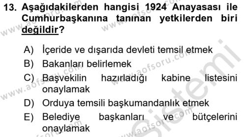 Türk İdare Tarihi Dersi 2021 - 2022 Yılı (Final) Dönem Sonu Sınavı 13. Soru