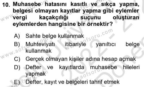 Vergi Ceza Hukuku Dersi 2022 - 2023 Yılı (Final) Dönem Sonu Sınavı 10. Soru