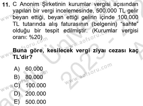 Vergi Ceza Hukuku Dersi 2023 - 2024 Yılı (Vize) Ara Sınavı 11. Soru