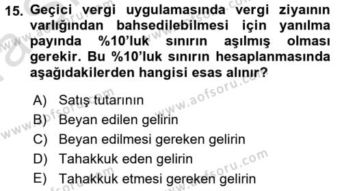 Vergi Ceza Hukuku Dersi 2023 - 2024 Yılı (Vize) Ara Sınavı 15. Soru