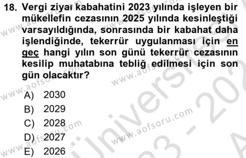 Vergi Ceza Hukuku Dersi 2023 - 2024 Yılı (Vize) Ara Sınavı 18. Soru