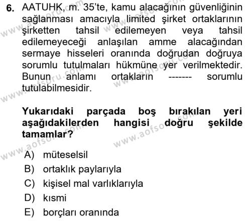 Vergi İcra Hukuku Dersi 2021 - 2022 Yılı Yaz Okulu Sınavı 6. Soru