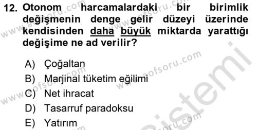 İktisada Giriş Dersi 2023 - 2024 Yılı (Final) Dönem Sonu Sınavı 12. Soru