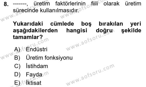 İktisada Giriş Dersi 2023 - 2024 Yılı (Final) Dönem Sonu Sınavı 8. Soru