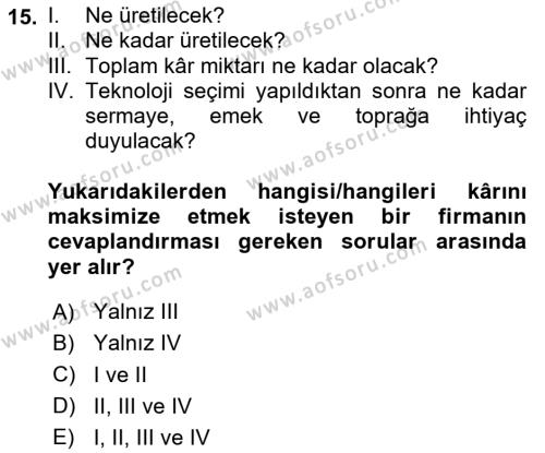 İktisada Giriş Dersi 2024 - 2025 Yılı (Vize) Ara Sınavı 15. Soru