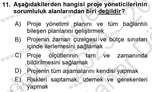 Proje Yönetimi Dersi 2023 - 2024 Yılı (Vize) Ara Sınavı 11. Soru