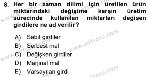 İktisada Giriş 1 Dersi 2021 - 2022 Yılı (Final) Dönem Sonu Sınavı 8. Soru